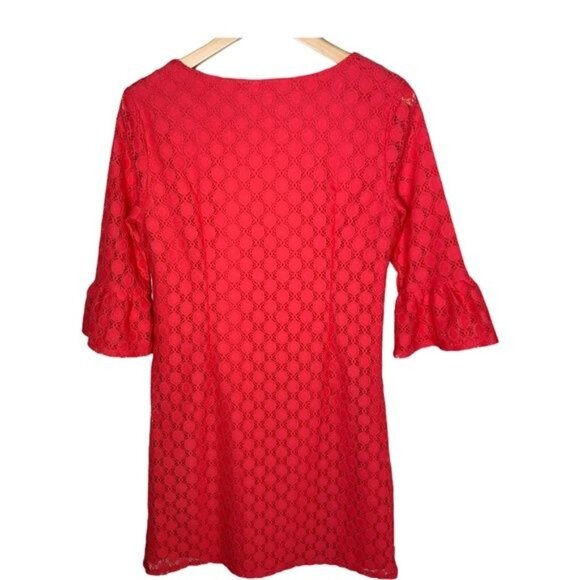 Tacera Red Lace Bell Sleeve Mini Shift Dress Small - Picture 5 of 12